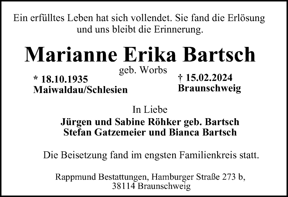  Traueranzeige für Marianne Erika Bartsch vom 16.03.2024 aus Braunschweiger Zeitung