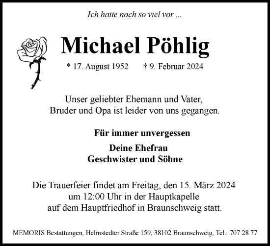 Traueranzeige von Michael Pöhlig von Braunschweiger Zeitung