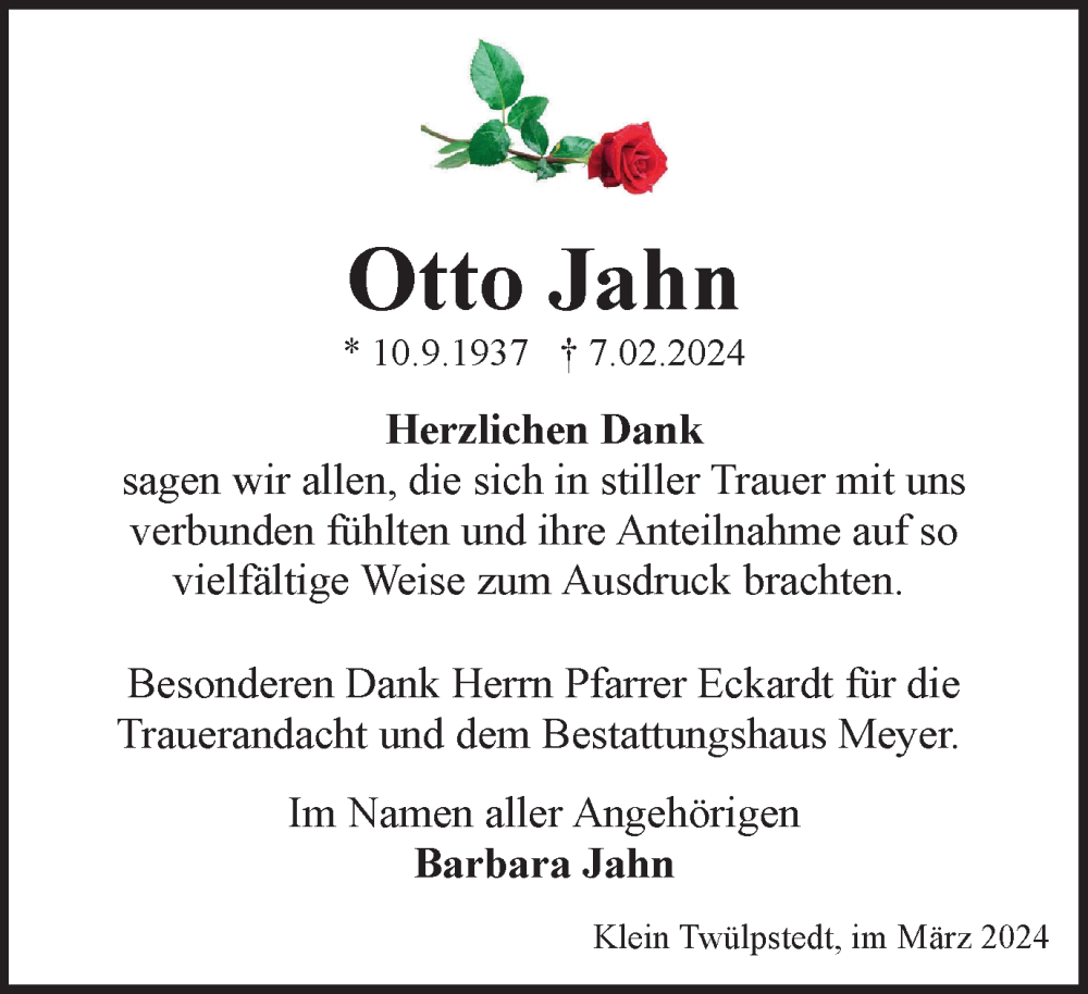  Traueranzeige für Otto Jahn vom 16.03.2024 aus Helmstedter Nachrichten