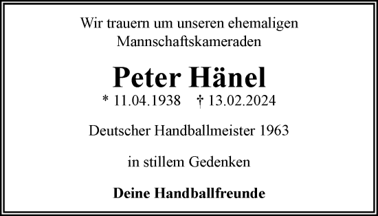 Traueranzeige von Peter Hänel von Wolfsburger Nachrichten