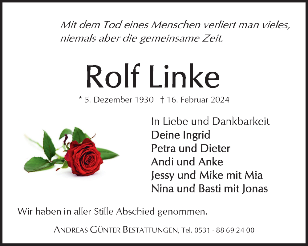  Traueranzeige für Rolf Linke vom 09.03.2024 aus Braunschweiger Zeitung