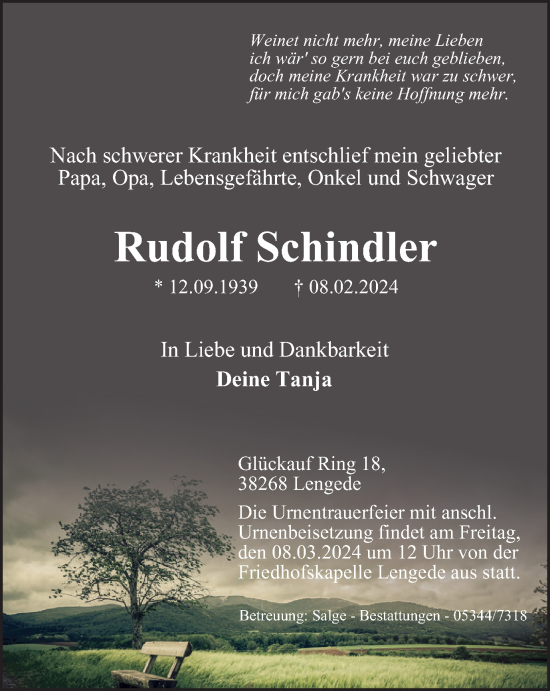 Traueranzeige von Rudolf Schindler von Salzgitter-Zeitung, Peiner Nachrichten