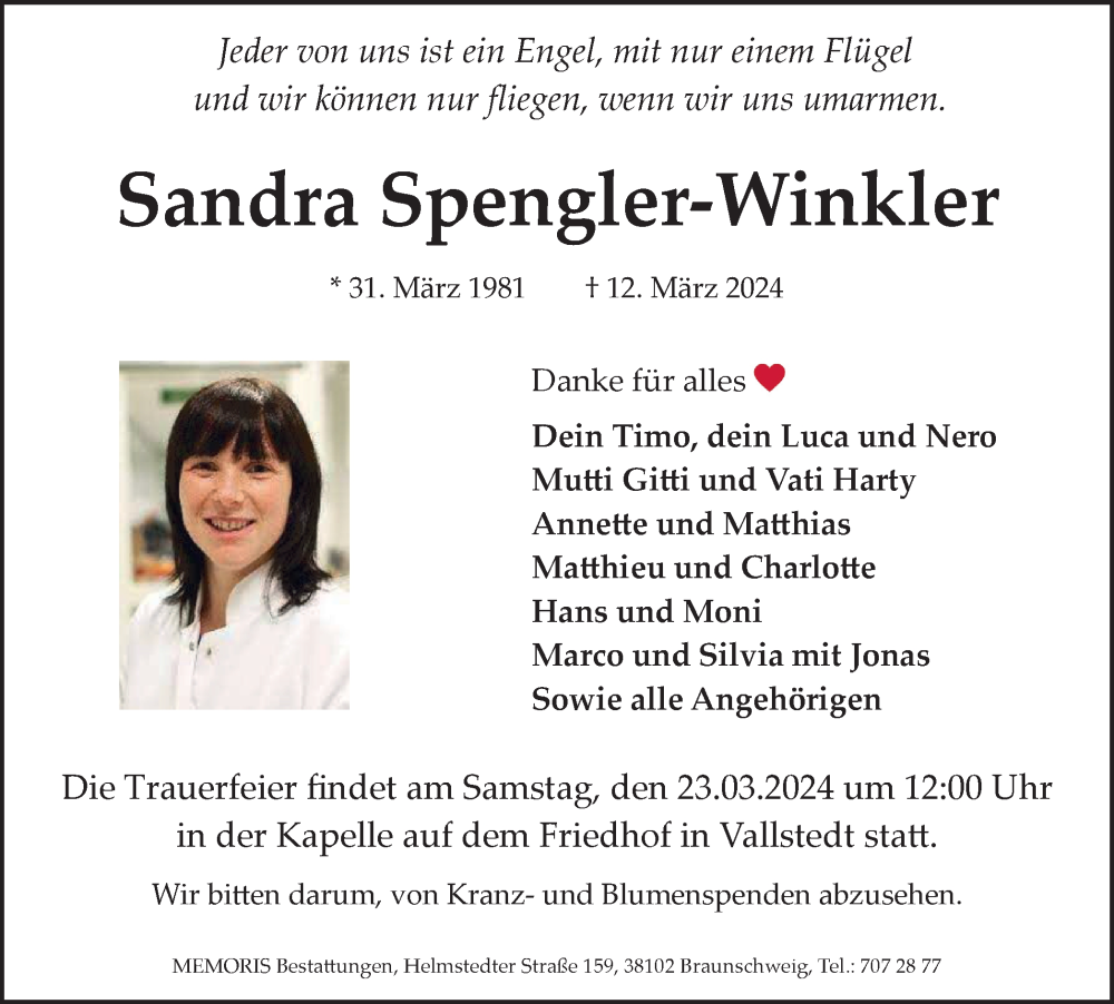  Traueranzeige für Sandra Spengler-Winkler vom 16.03.2024 aus Peiner Nachrichten