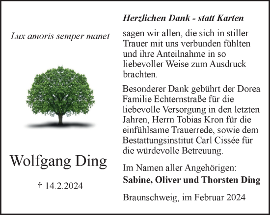 Traueranzeige von Wolfgang Ding von Braunschweiger Zeitung