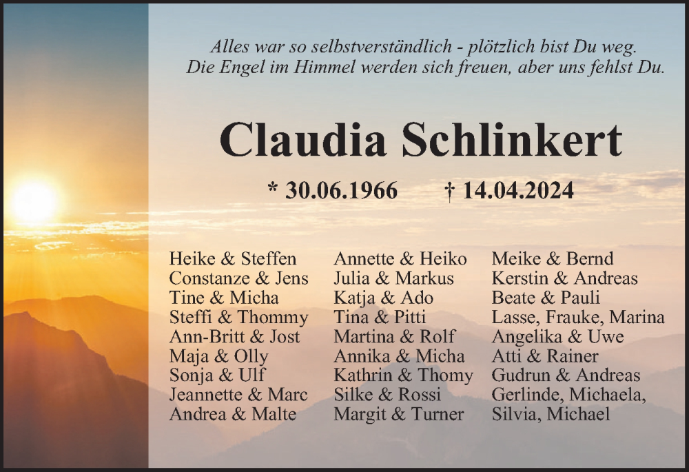  Traueranzeige für Claudia Schlinkert vom 27.04.2024 aus Braunschweiger Zeitung