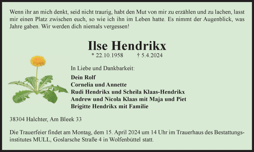  Traueranzeige für Ilse Hendrikx vom 10.04.2024 aus Wolfenbütteler Zeitung