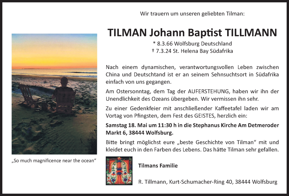  Traueranzeige für Tilman Tillmann vom 27.04.2024 aus Wolfsburger Nachrichten