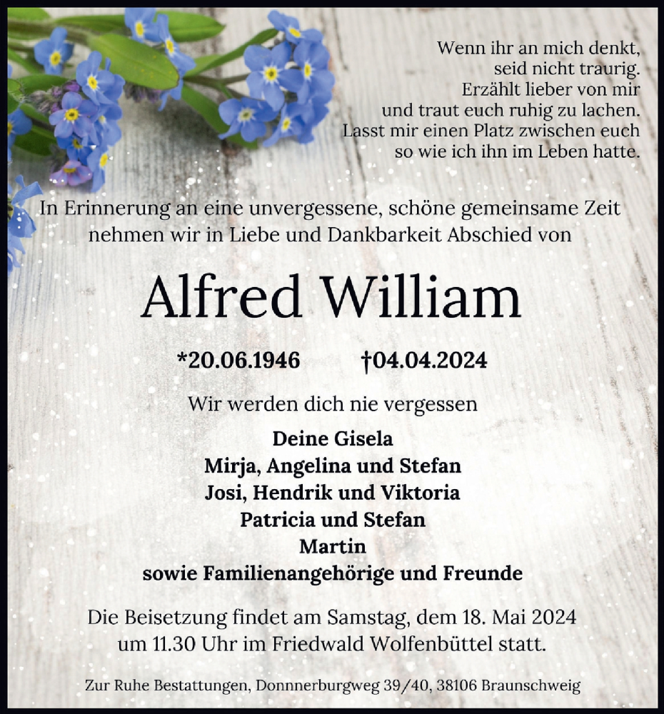  Traueranzeige für Alfred William vom 04.05.2024 aus Neue Braunschweiger am Samstag