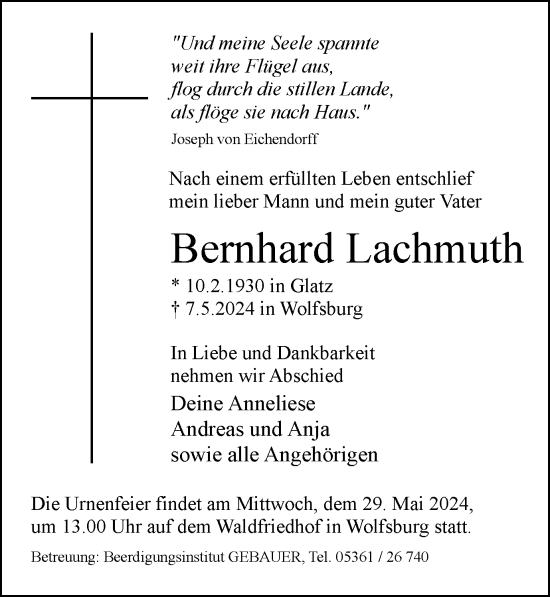 Traueranzeige von Bernhard Lachmuth von Wolfsburger Nachrichten