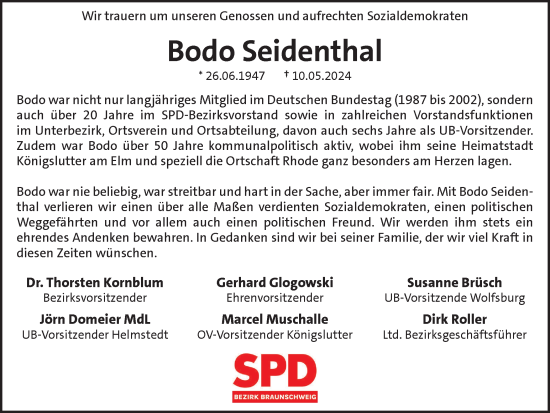 Traueranzeige von Bodo Seidenthal von Braunschweiger Zeitung, Wolfsburger Nachrichten