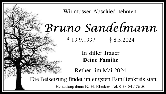 Traueranzeige von Bruno Sandelmann von Braunschweiger Zeitung