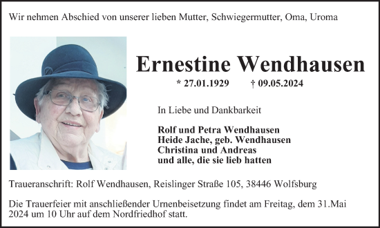 Traueranzeige von Ernestine Wendhausen von Wolfsburger Nachrichten