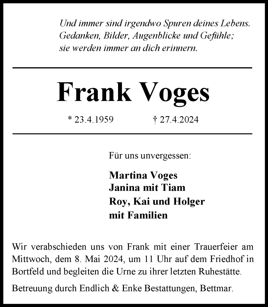  Traueranzeige für Frank Voges vom 03.05.2024 aus Peiner Nachrichten