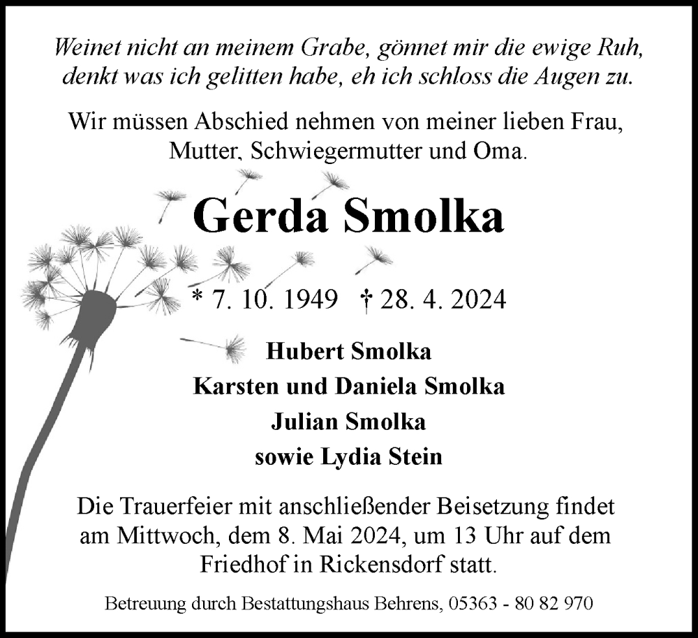  Traueranzeige für Gerda Smolka vom 04.05.2024 aus Helmstedter Nachrichten