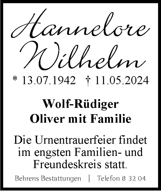 Traueranzeige von Hannelore Wilhelm von Braunschweiger Zeitung