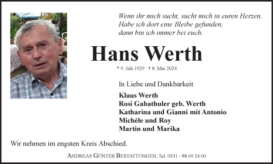 Traueranzeige von Hans Werth von Braunschweiger Zeitung