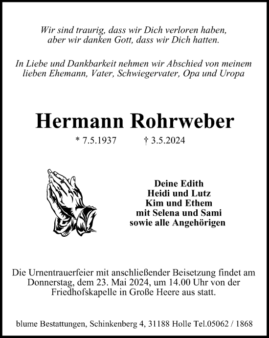 Traueranzeige von Hermann Rohrweber von Salzgitter-Zeitung
