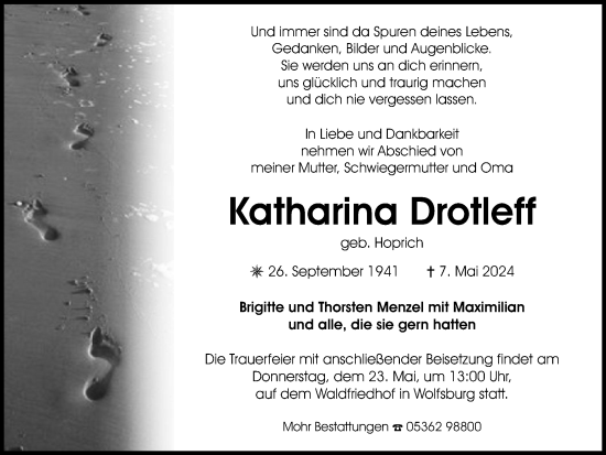 Traueranzeige von Katharina Drotleff von Wolfsburger Nachrichten