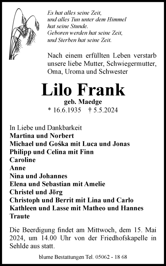 Traueranzeige von Lilo Frank von Salzgitter-Zeitung
