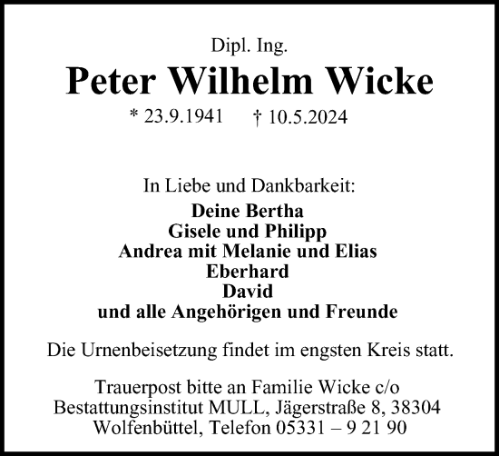 Traueranzeige von Peter Wilhelm Wicke von Braunschweiger Zeitung