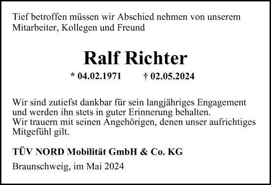 Traueranzeige von Ralf Richter von Braunschweiger Zeitung