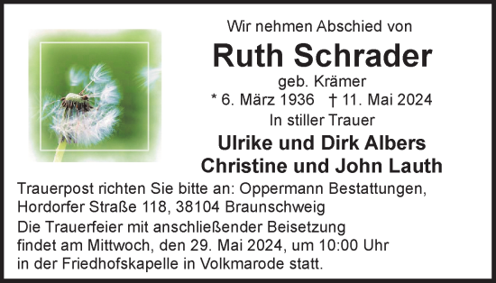 Traueranzeige von Ruth Schrader von Braunschweiger Zeitung
