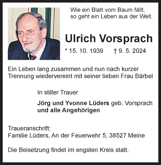 Traueranzeige von Ulrich Vorsprach von Wolfsburger Nachrichten