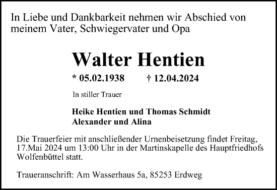 Traueranzeige von Walter Hentien von Wolfenbütteler Zeitung