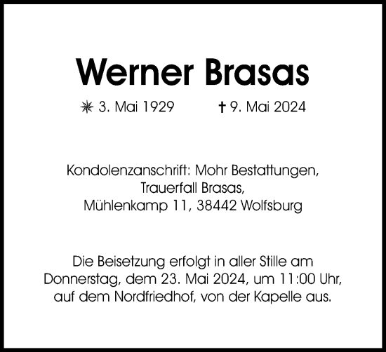 Traueranzeige von Werner Brasas von Wolfsburger Nachrichten