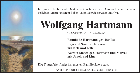 Traueranzeige von Wolfgang Hartmann von Braunschweiger Zeitung