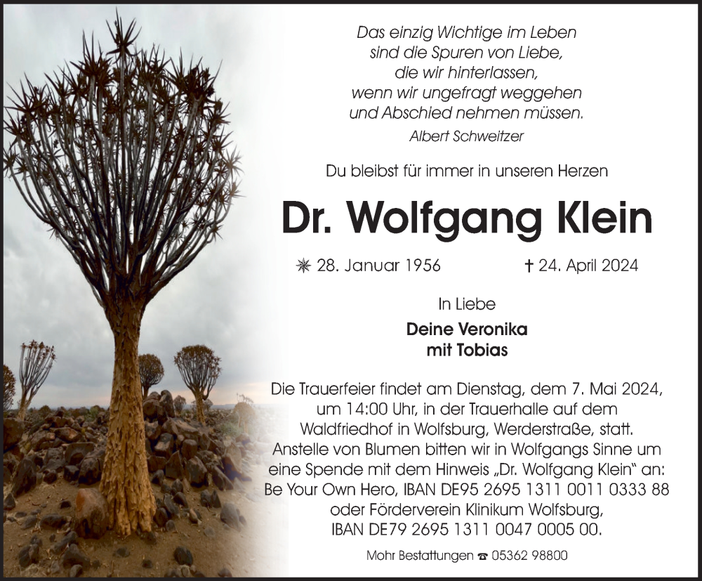  Traueranzeige für Wolfgang Klein vom 03.05.2024 aus Wolfsburger Nachrichten