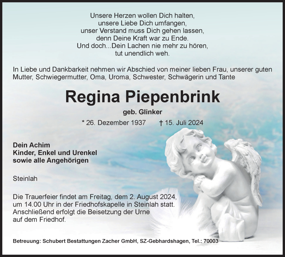  Traueranzeige für Regina Piepenbrink vom 20.07.2024 aus Salzgitter-Zeitung