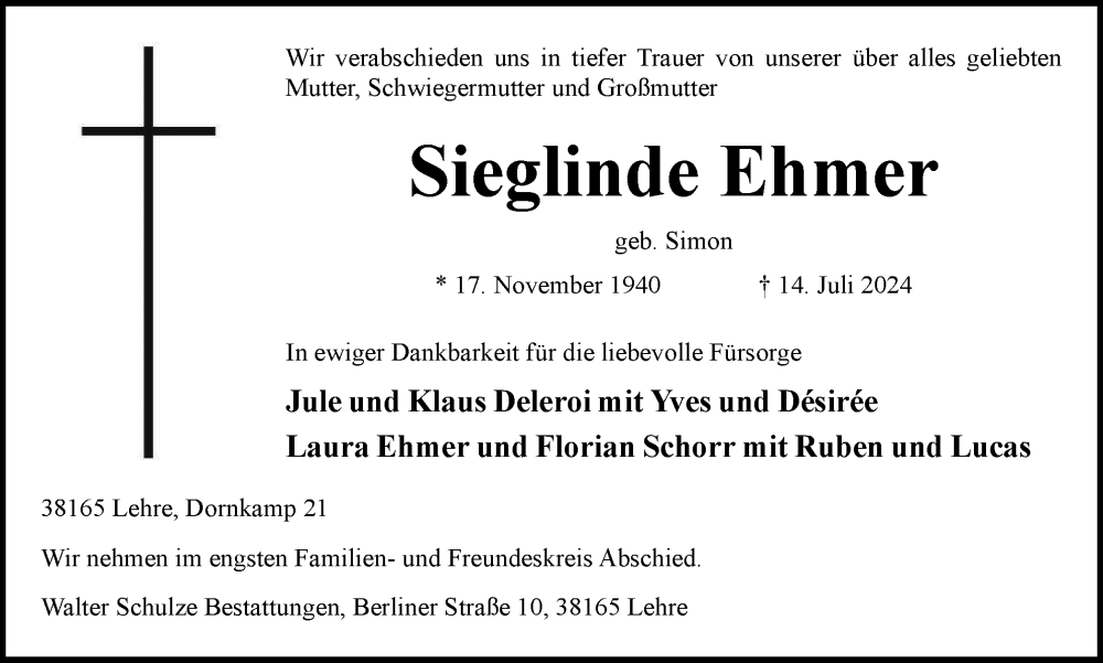  Traueranzeige für Sieglinde Ehmer vom 20.07.2024 aus Braunschweiger Zeitung, Wolfsburger Nachrichten