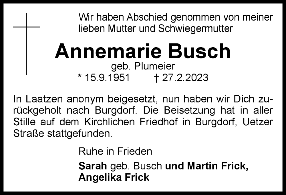  Traueranzeige für Annemarie Busch vom 03.08.2024 aus Salzgitter-Zeitung