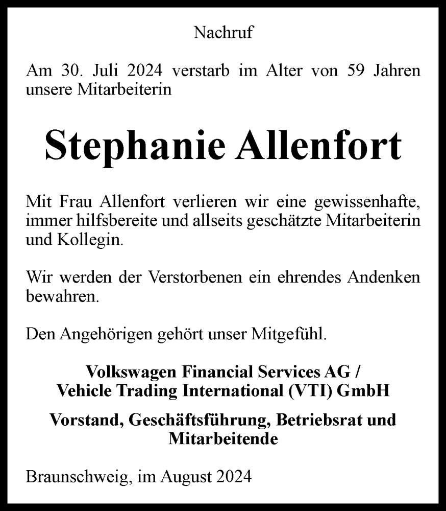  Traueranzeige für Stephanie Allenfort vom 15.08.2024 aus Braunschweiger Zeitung