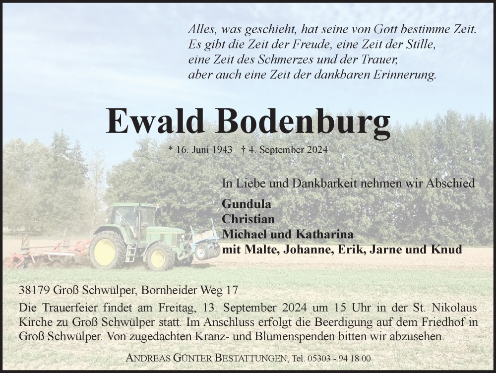  Traueranzeige für Ewald Bodenburg vom 07.09.2024 aus Braunschweiger Zeitung