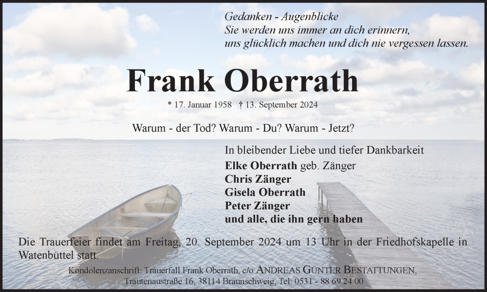  Traueranzeige für Frank Oberrath vom 18.09.2024 aus Braunschweiger Zeitung