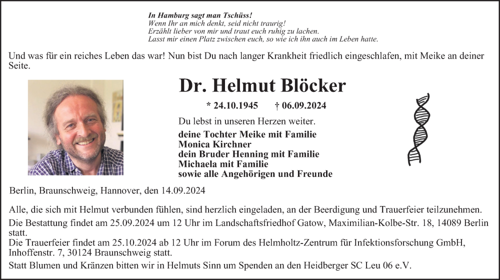  Traueranzeige für Helmut Blöcker vom 14.09.2024 aus Braunschweiger Zeitung