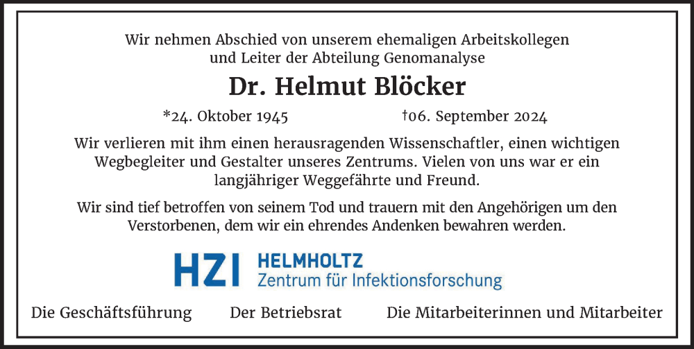  Traueranzeige für Helmut Blöcker vom 14.09.2024 aus Braunschweiger Zeitung