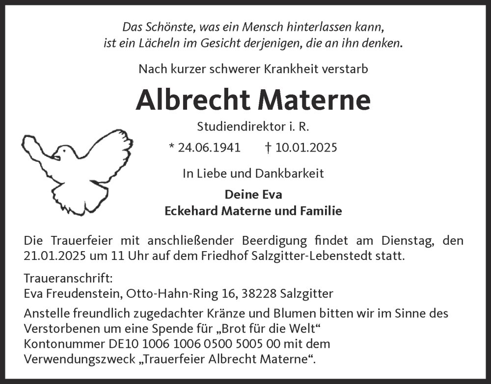  Traueranzeige für Albrecht Materne vom 18.01.2025 aus Salzgitter-Zeitung
