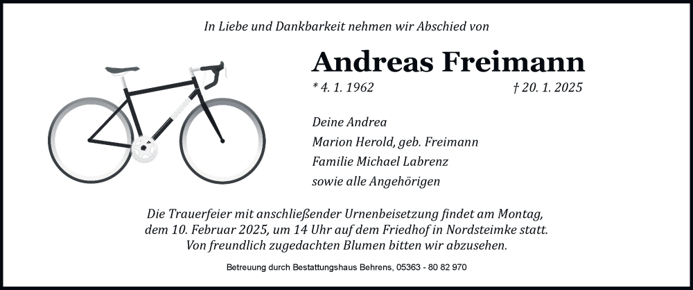  Traueranzeige für Andreas Freimann vom 25.01.2025 aus 