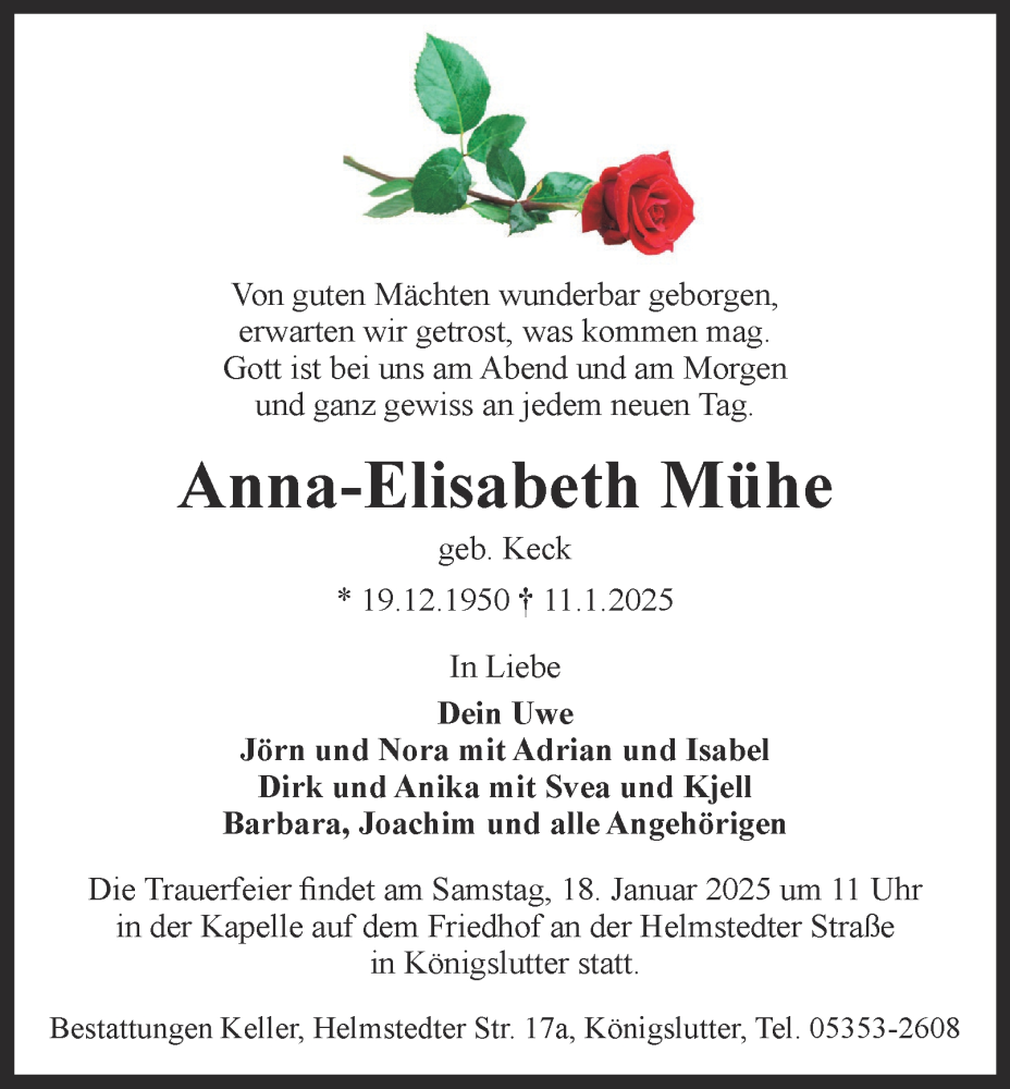  Traueranzeige für Anna-Elisabeth Mühe vom 15.01.2025 aus Helmstedter Nachrichten