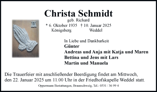 Traueranzeige von Christa Schmidt von Wolfenbütteler Zeitung