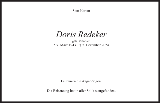 Traueranzeige von Doris Redeken von Wolfenbütteler Zeitung