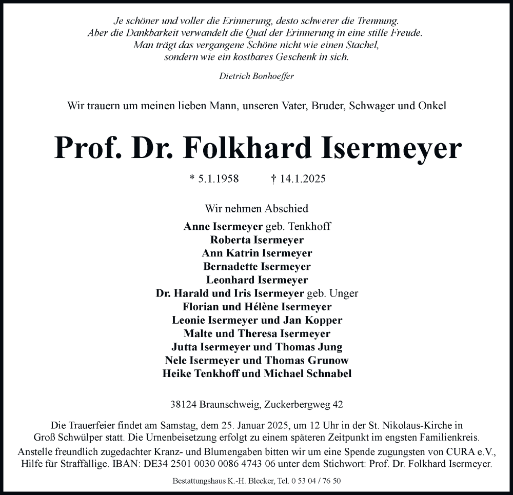  Traueranzeige für Folkhard Isermeyer vom 18.01.2025 aus 
