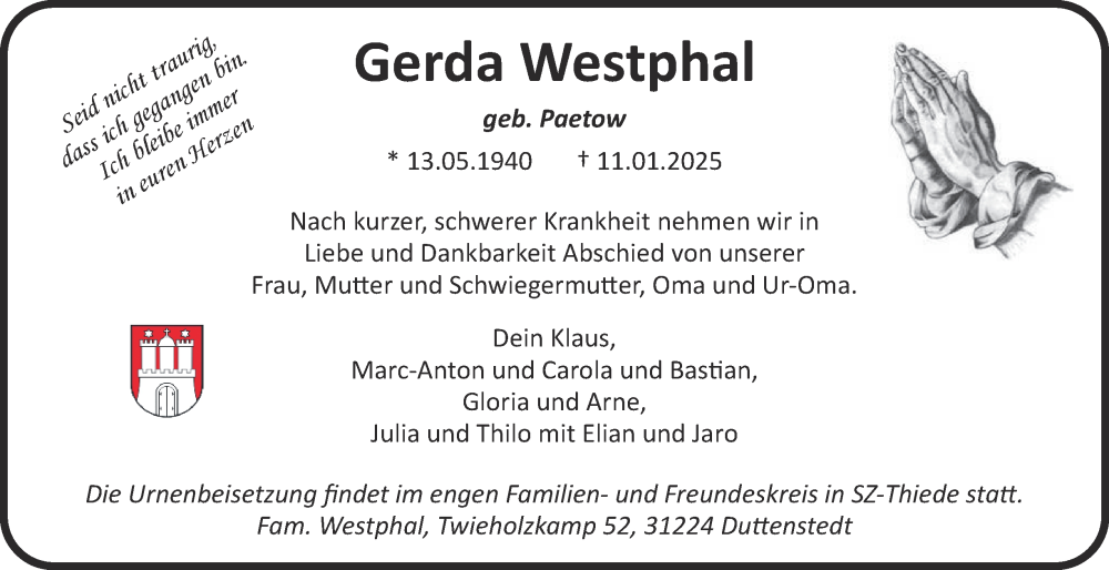  Traueranzeige für Gerda Westphal vom 16.01.2025 aus Salzgitter-Zeitung