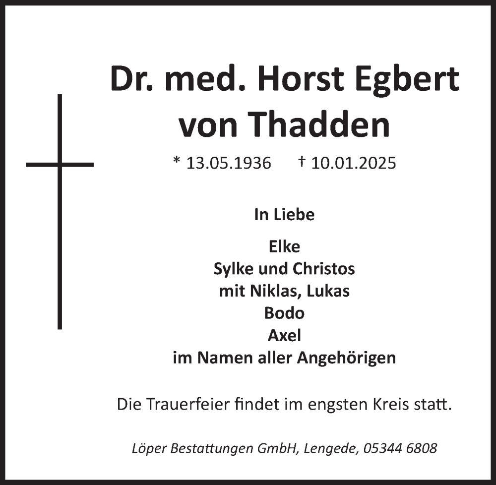  Traueranzeige für Horst Egbert von Thadden vom 15.01.2025 aus Peiner Nachrichten