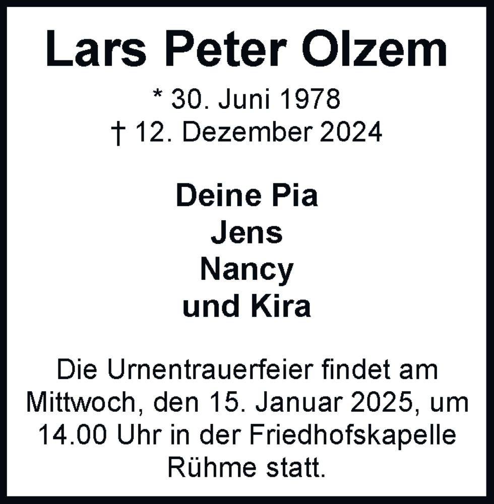  Traueranzeige für Lars Peter Olzem vom 04.01.2025 aus 