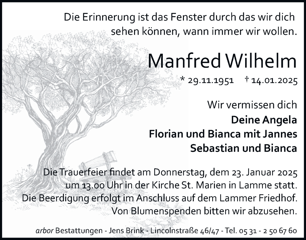  Traueranzeige für Manfred Wilhelm vom 18.01.2025 aus 