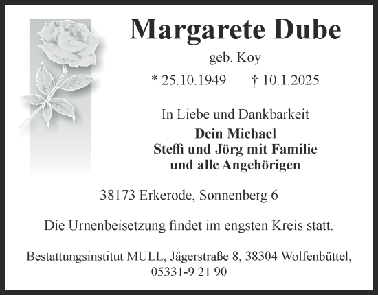 Traueranzeige von Margarete Dube von Wolfenbütteler Zeitung